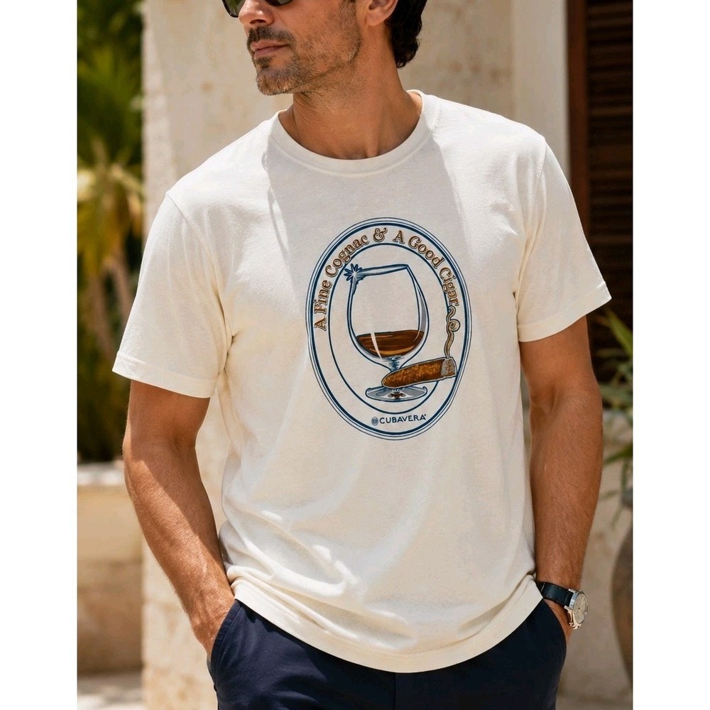 Cubavera Cognac Cigar Graphic T Shirt Men's 2XL Cream 100% Cotton Tee